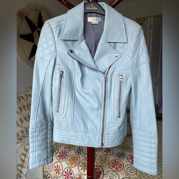 Boden sky light blue leather moto jacket coat US 2 - Picture 2 of 9